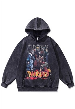 Anime hoodie vintage wash pullover Naruto jumper in grey
