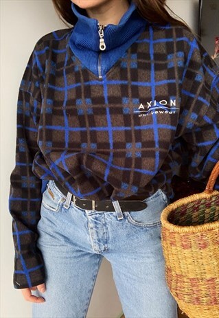 VINTAGE 90S TARTAN CHECK FLEECE 1/4 ZIP SWEATSHIRT JUMPER