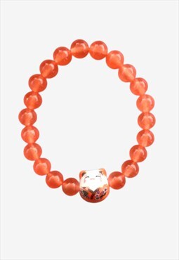Happy Lucky Cat Orange Chalcedony Beaded Gemstone Bracelet