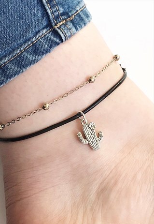 CACTUS ANKLET, CACTUS GIFT, BOHO, LEATHER ANKLET