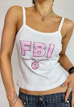 Vintage Y2k Vest Top FBI Slogan Sparkly Pink 90s 00s Glitter