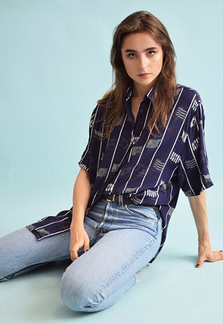 90'S RETRO NAUTICAL PRINT OVERSIZED DADS BLOUSE TOP