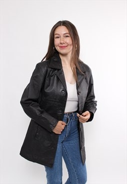 80s black leather jacket, vintage western style leather coat