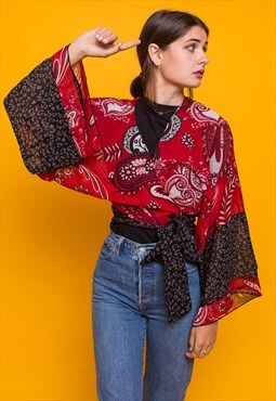 Red Printed Wrap Top Kimono Crop Bell Sleeve