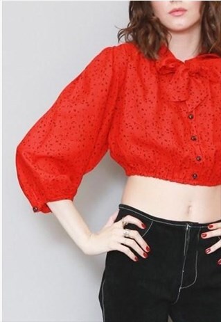 VINTAGE 1980'S RED & BLACK PUSSY BOW ANIMAL PRINT CROP TOP