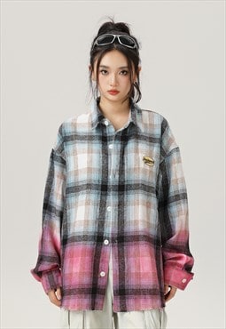 Gradient check shirt pink plaid gradient long sleeve blouse