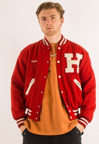 VINTAGE 90S RED COLLEGE UNIVERSITY WOOL VARSITY JACKET