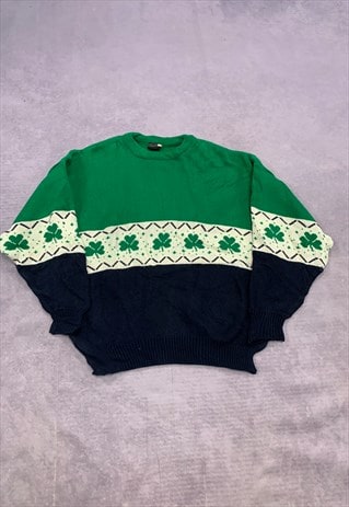 VINTAGE KNITTED JUMPER IRISH CLOVER PATTERNED KNIT SWEATER