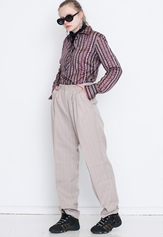 VINTAGE WHITE HIGH WAIST STRIPED WIDE LEG RETRO TROUSERS