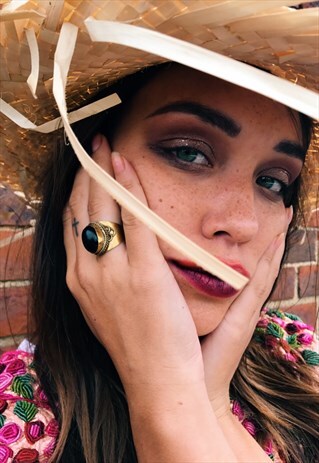 BRASS RING POWER RING WITH ONYX BLACK STONE