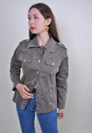 VINTAGE 90S GRAY MILITARY STYLE BUTTONS SHIRT, SIZE S