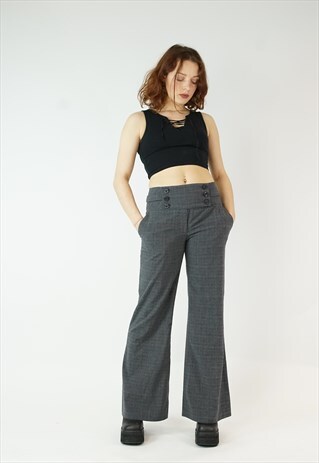 VINTAGE 90S PURPLE GREY PLAID WIDE LEG TROUSERS