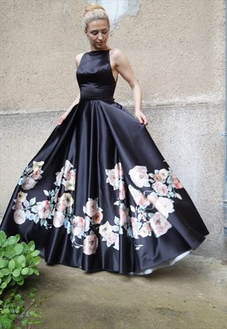 PRINTED DRESS EVENING SATIN PROM OPEN BACK STRAPPY F1586