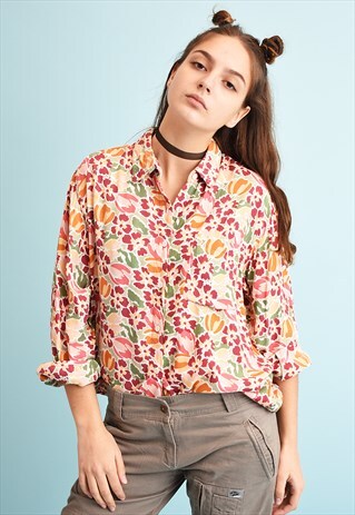 90'S RETRO FLORAL PRINT MOMS SHIRT TOP