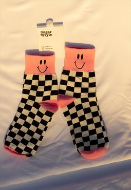 Pink Checkerboard Smiley Face Socks