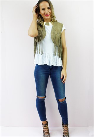 VINATGE 80'S BEIGE SUEDE FRINGE TASSEL GILET WAISTCOAT