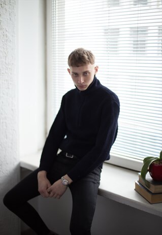 VINTAGE 80'S NAVY RIBBED HIGH COLLAR JUMPER