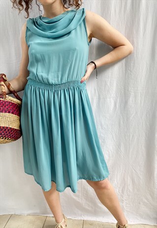 VINTAGE 70S PASTEL BLUE PROM DRAPED MIDI EVENING DRESS