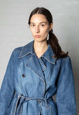 '90s Denim Double Breasted Belted Trench Coat