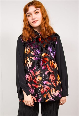 VINTAGE 90'S METALLIC VELVET SHEER LEAF PRINT BLOUSE SHIRT
