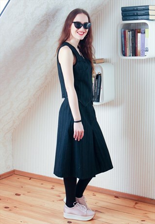 BLACK PINSTRIPE SKIRT NAD WAISTCOAT SUIT SET