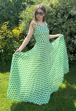 70's Vintage Vera Mont White Green Polka Dot Maxi Dress