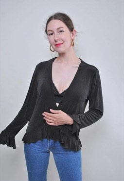 Vintage V-neck ruffle blouse, minimalist secretary blouse 
