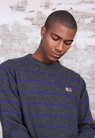 VINTAGE NAPAPIJRI LOGO STRIPED JUMPER GREY AND BLUE