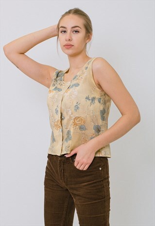 VINTAGE 70S BUTTON UP SLEEVELESS PASTEL FLORAL CROP TOP