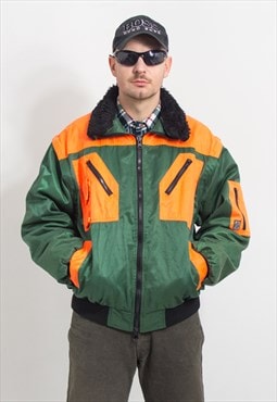 Vintage worker bomber jacket in green orange puffy men L