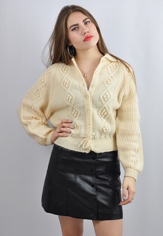 VINTAGE CREAM ARAN CABLE KNITTED CARDIGAN