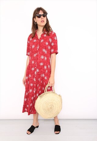 VINTAGE 90S RED FLORAL PRINT MIDI DRESS