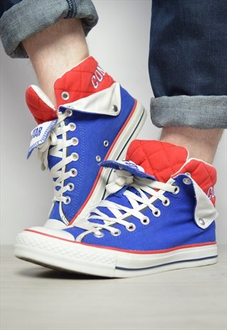 VINTAGE 90S CONVERSE BLUE RED & WHITE DOUBLE TONGUE HI-TOPS
