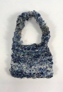 Reworked Vintage Blue Denim Knitted Bag with velvet lining