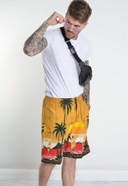 Vintage Hawaiian Crazy Patterned Bermuda Beach Shorts 
