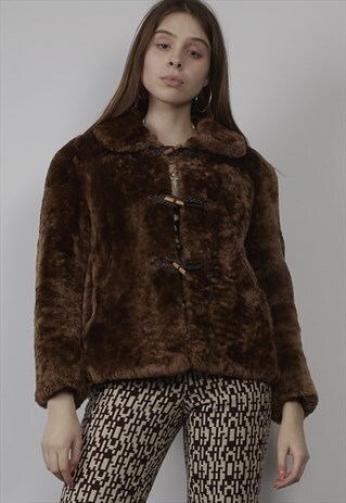VINTAGE 70'S BROWN TEDDY SHEEPSKIN DUFFLE JACKET