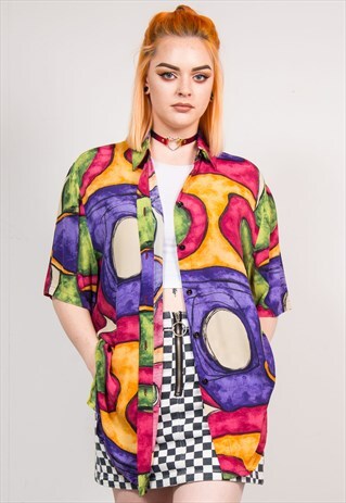 90'S VINTAGE BRIGHT MULITCOLOUR WAVEY PATTERN FESTIVAL SHIRT