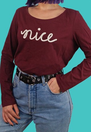 VINTAGE 90'S 'NICE' EMBROIDERY LONG-SLEEVE TOP / SWEATSHIRT