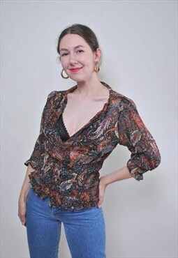 Deep decollete vintage abstract blouse, retro summer top