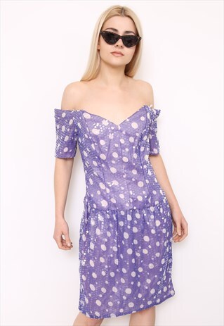 VINTAGE 80S PURPLE POLKADOT SEQUIN PARTY PROM DRESS