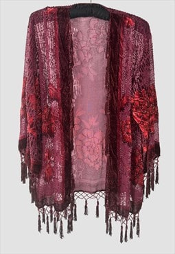 Vintage Style Kimono Red Tassel Fringed Floral Velvet Jacket