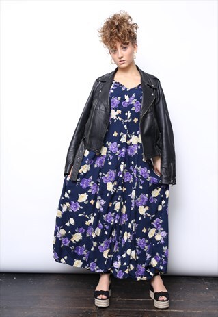 VINTAGE 90S NAVY PURPLE FLORAL MIDI BUTTON DRESS