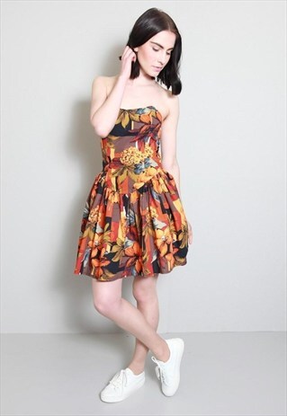 VINTAGE 1990'S BROWN TROPICAL PRINT STRAPLESS SUMMER DRESS