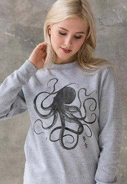 Octopus Print Sweatshirt Japanese Art Calligraphy Women Grey
