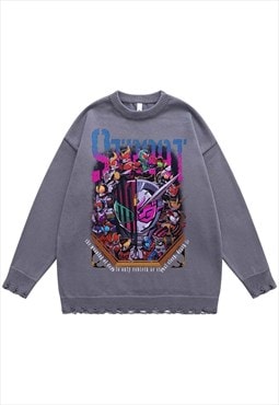 Robot sweater knitted anime jumper ripped top in grey