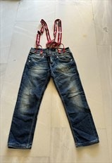 Vintage PHARD Blue Jeans. Red Suspenders Button on Braces. 