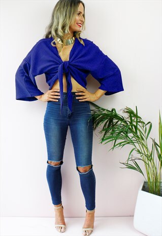 BLUE PLUNGE FRONT TIE PEASANT BOHO BLOUSE TOP