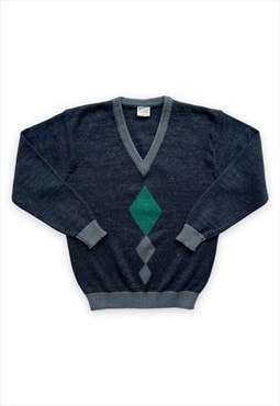 Vintage jumper v neck sweater argyle diamond check blue