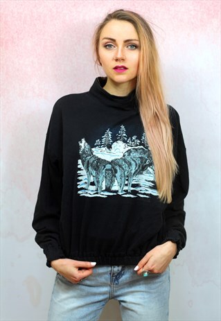 1990S VINTAGE BLACK ELASTICATED WAIST WOLF SWEATER