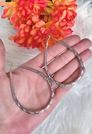 LARGE SILVER COLOURED PEAR HOOP EARRINGS